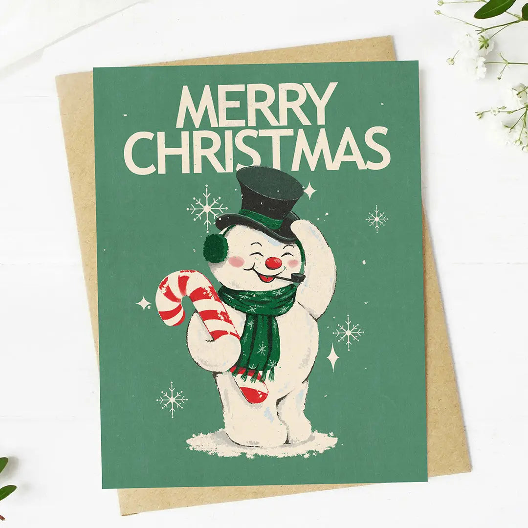 Merry Christmas Snowman In Top Hat Vintage Christmas Card