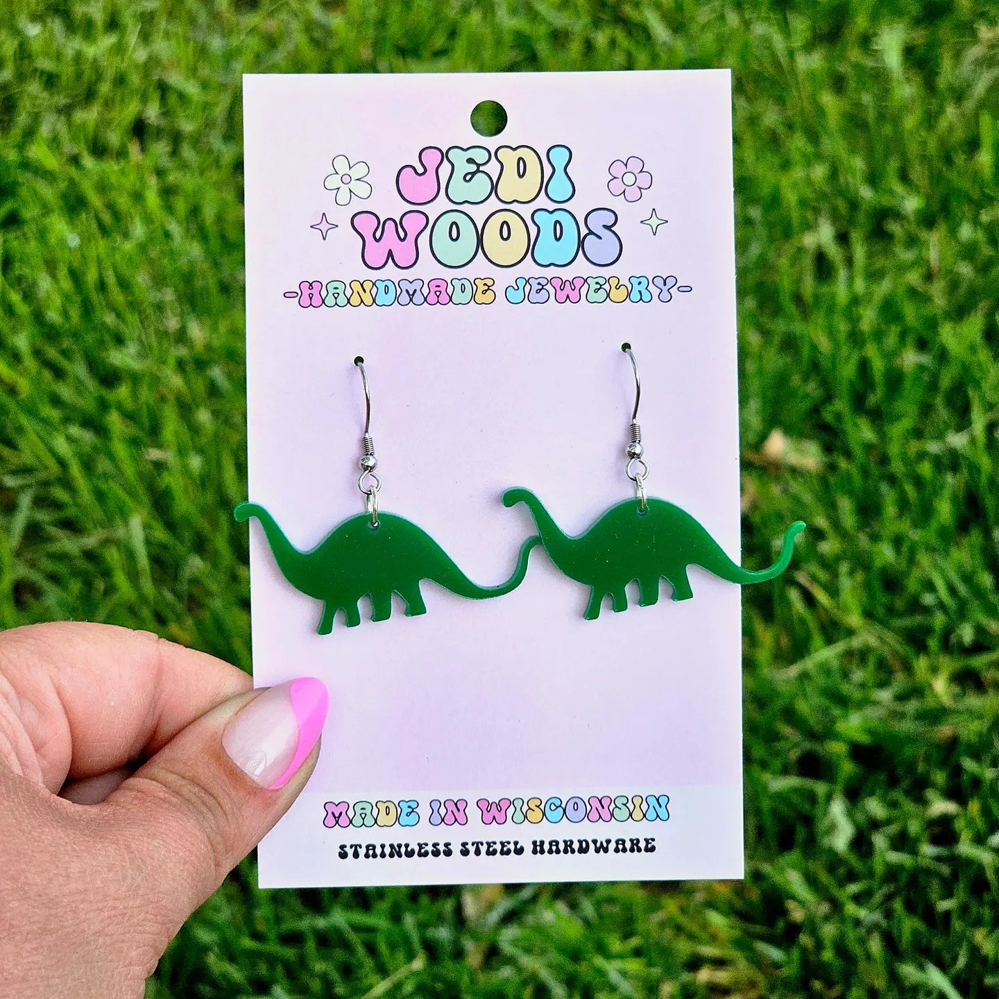 Green Stegasaurus Dinosaur Earrings