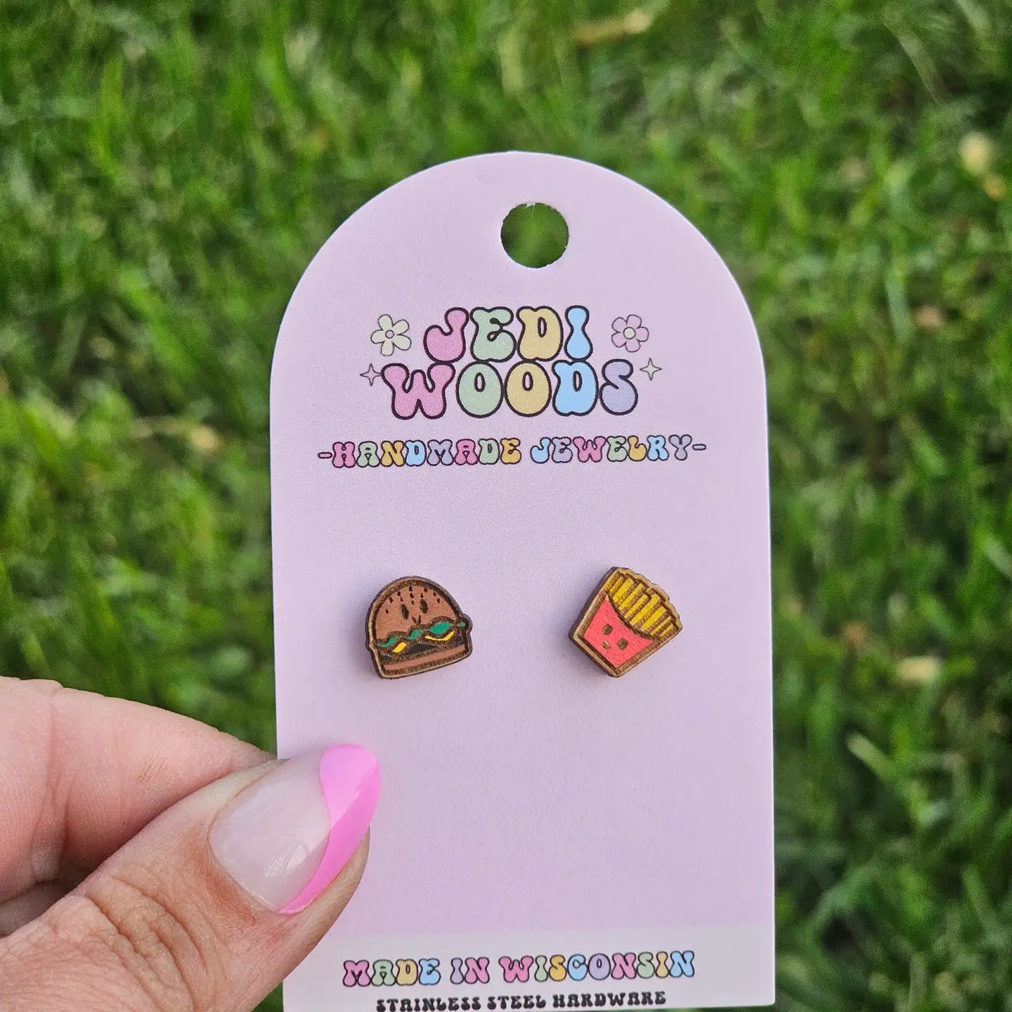 Burger and French Fry Novelty Hand Stud Earrings