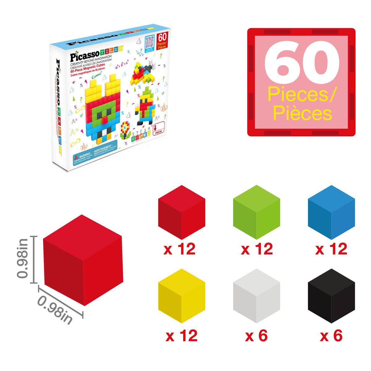PicassoTiles 60pc 1.2" Magnetic Cubes Set