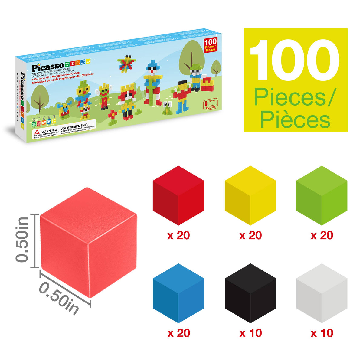 PicassoTiles 100pc .5" Magnetic Cubes Set