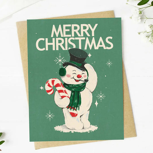 Merry Christmas Snowman In Top Hat Vintage Christmas Card