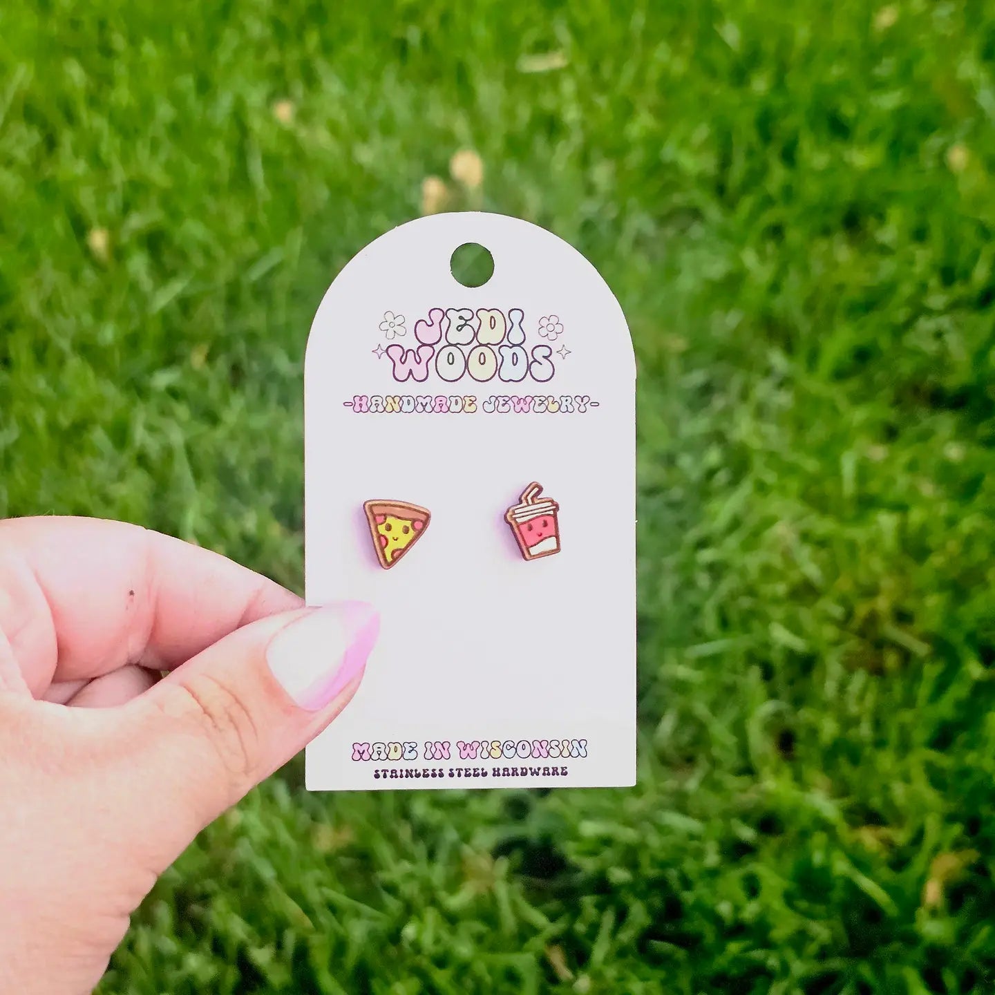 Pizza and Soda Novelty Handpainted Wood Stud Earrings