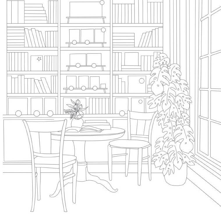 Cozy Bookshops Colouring Book
