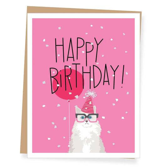 White Cat Pink Balloon Birthday Greeting Card
