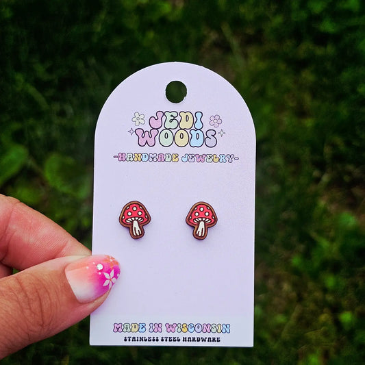 Cottagecore Wooden Mushroom Stud Earrings